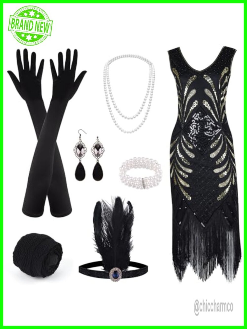 Sequin V Neck Dress with 1920s Accessories Set